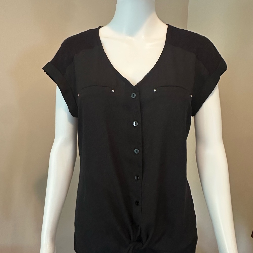 Fortune & Ivy small Black Blouse front tie Top